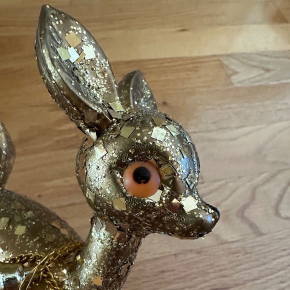 Vintage Gold Glitter Hard Plastic Deer Reindeer with Bell - Picture 9 of 12